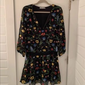 ALICE + OLIVIA Jolene Split-Neck Smocked-Waist Mini Dress, Multicolor